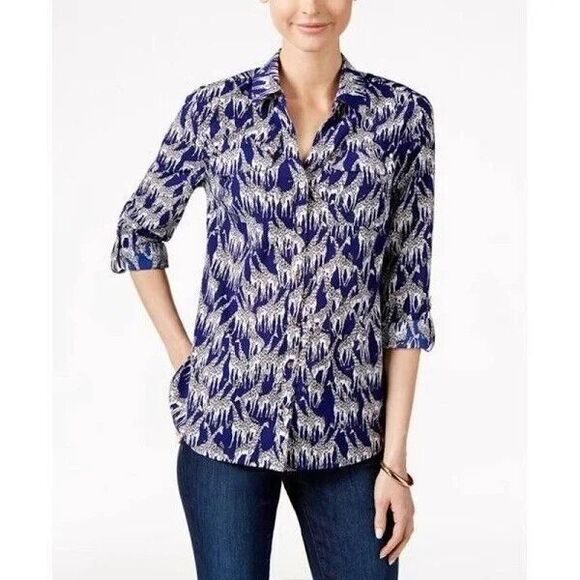 Charter Club Giraffe Print Button Down Blouse Petite Small Blue - Picture 1 of 12